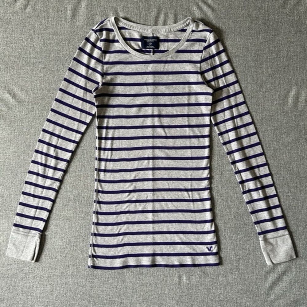 Y2K Gray Purple Striped Long Sleeve Shirt American‎ Eagle Small Fitted